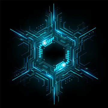 Futuristic hexagonal digital circuit pattern glowing with neon blue light on a dark background representing modern technology, vector illustration