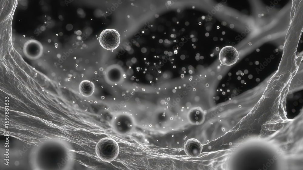 Poster nanoparticles interacting with a titanium lung scaffold, demonstrating microscale features that enha