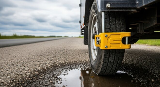 A close-up of a vehicle's wheel with a yellow wheel clamp on a gravel road. A puddle is visible nearby under a cloudy sky.
