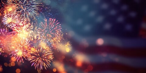 The vibrant fireworks celebration illuminating the night sky above the American flag.