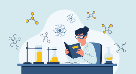 Woman Chemist Reading Research Book In Laboratory Setting With Molecules