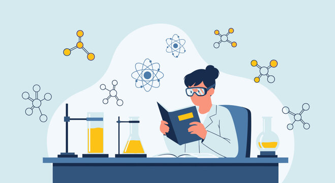 Woman Chemist Reading Research Book In Laboratory Setting With Molecules - Powered by Adobe