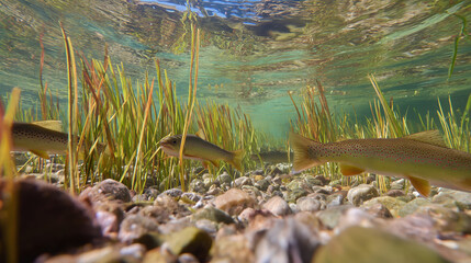 Underwater scene of trout swimming in a clear river with natural light creating a serene aquatic atmosphere.