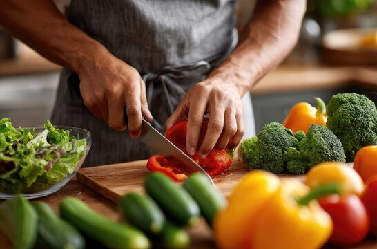 A person is using kitchen knives to cut vegetables on a wooden board, with various types of fresh and colorful green fruits and vegetables placed next to it