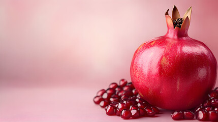 Fresh ripe pomegranate fruit and vibrant juicy seeds captured on a smooth pink background with artistic soft lighting in a studio setting.