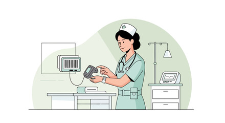Nurse Scanning Barcode In Hospital Room For Medication Verification Process