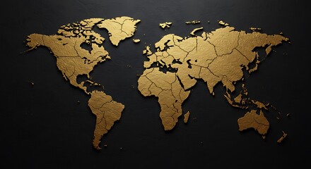A golden world map on a dark background shows global geography