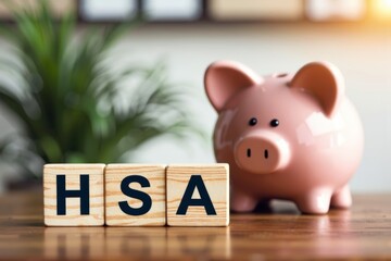 Wooden Block Stack Spelling HSA Next to Piggybank: Saving for Healthcare Costs Concept