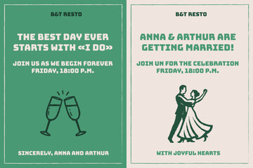 Wedding celebration invitation template with elegant typography and romantic couple illustration. Marriage and RSVP announcement concept.