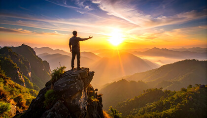 Majestic Sunrise View Person Silhouetted on Mountain Peak, Embracing the Golden Hour