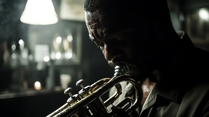 Close-up of trumpet player in shadow with sweat on brow gritty noir bar ambiance