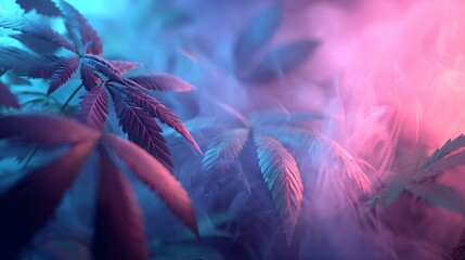 Cannabis background with colorful neon fog and floating leaves. Copy space. Generative AI