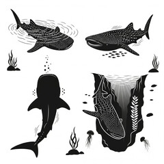 Whale Shark Vector Illustration Set Marine Life, Ocean Animals, Underwater World Collection