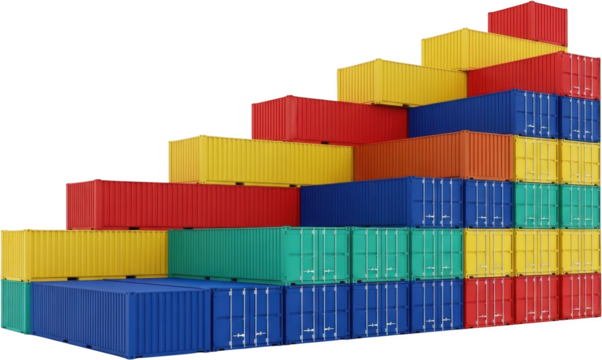 Stacked colorful shipping containers forming an ascending staircase shape isolate