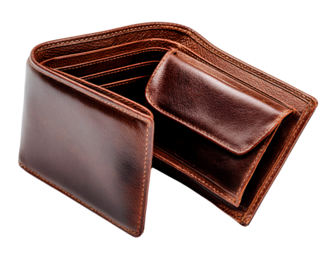 Opened empty brown leather wallet isolated transparent background
