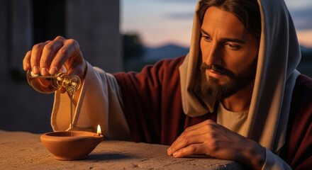 Jesus filling an oil lamp in a serene moment of peaceful contemplation