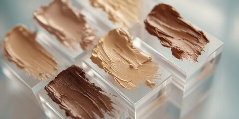 Foundation swatches in various shades are displayed on clear acrylic blocks, showcasing a range of skin tones for beauty, makeup, and cosmetic product demonstrations.