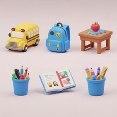 Obraz premium Cute 3D icons of school-related items: bus, backpack, desk with apple, pencil holders, and open book with illustrations.