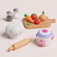 A collection of toy kitchen items including vegetables, salt and pepper shakers, a chef"s hat, rolling pin, and a rice cooker on a light surface.