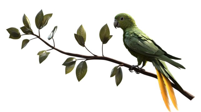 Vibrant Green Parrot with Yellow Tail Feathers Perches on Branch