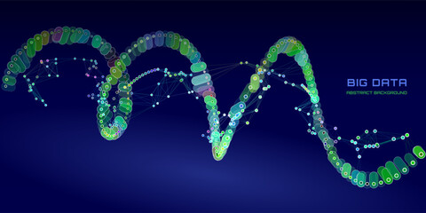 Futuristic background helix  lines from dots data quantum computing with polygons grid in cyberspace dark . Digital technology concept research. Big data.