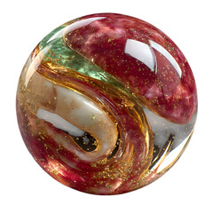 A glass marble with vibrant red, yellow, and green swirls encased in crystal-clear surface, dramatically lit to accentuate color refraction and depth, isolated on transparent background. 