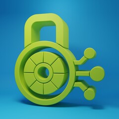Green Cyber security icon isolated on blue background. Closed padlock on digital circuit board. Safety concept. Digital data protection. Minimalism concept. 3D render illustration
