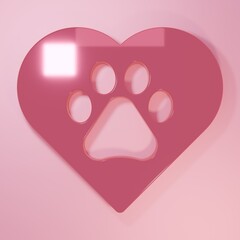 Pink Heart with animals footprint icon isolated on pink background. Pet paw in heart. Love to the animals. Minimalism concept. 3D render illustration