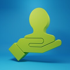 Green Hand for search a people icon isolated on blue background. Recruitment or selection concept. Search for employees and job. Minimalism concept. 3D render illustration