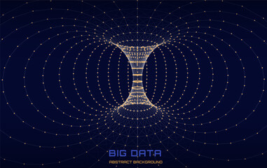 Abstract  visualization phesicien physical field  in dark background. Concept scientific technology, forces lines conecting dots  in space torus. Vector Illustration.