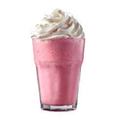 A glass of pink strawberry milkshake topped with a swirl of whipped cream, captured in gentle motion with creamy texture and gloss highlighted under soft lighting, isolated on transparent background. 