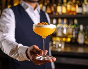 bartender preparing drink for customer at bar counter