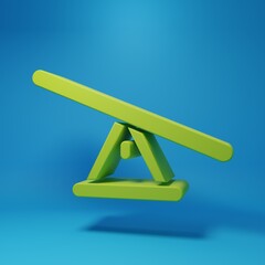 Green Seesaw icon isolated on blue background. Teeter equal board. Playground symbol. Minimalism concept. 3D render illustration
