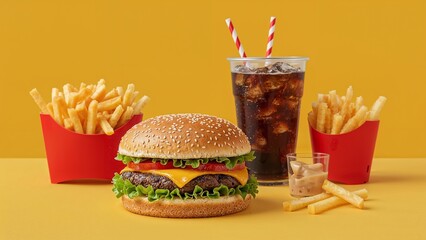 Fast food deal combo including burger finger fries and cold cola against orange isolated background