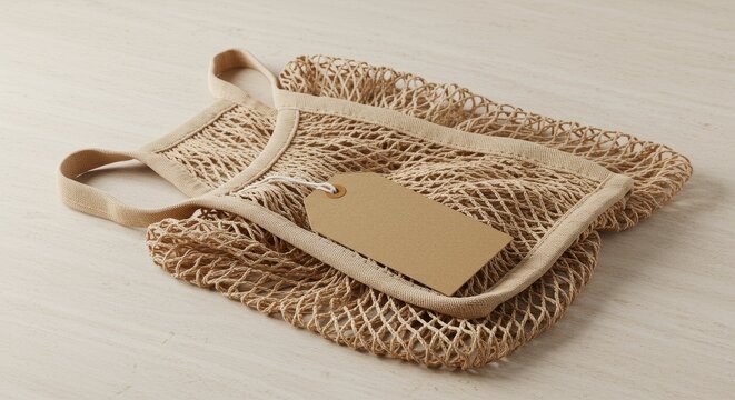 Reusable beige cotton mesh grocery bag mockup with blank kraft paper tag