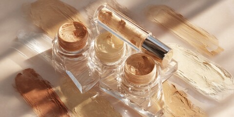 Elegant still life featuring cosmetic foundation creams and a tube, showcasing a range of skin tones and textures for beauty, makeup, and skincare product promotion.