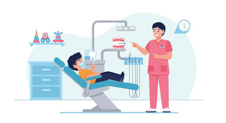 Pediatric Dentist Explains Oral Hygiene To A Child Patient In Dental Clinic