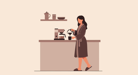 Woman Pours Fresh Morning Coffee In Cozy House And Enjoy Relaxed Lifestyle