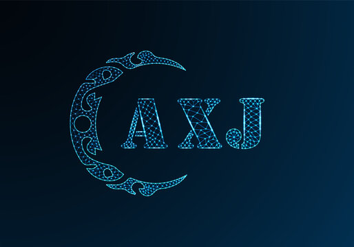 Low poly letter logo AXJ design. AXJ letter logo low poly vector design on blue color gradient background. AXJ logo low poly design