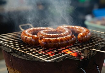 香ばしく焼けるソーセージ 食欲をそそる炭火焼き