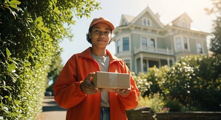 Delivery person with package, delivering to a house. Ideal for e-commerce, shipping, small business promotions, home delivery ads, and courier services. Smiling face.