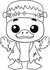 halloween little duck dressed as frankenstein with bolt headband in outline cartoon style