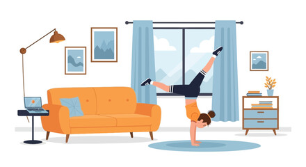 Woman Practicing Handstand At Home Staying Active In Her Living Room