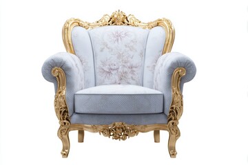 Baroque-style armchair with intricate floral carvings and gold accents, featuring red velvet cushion and curved wooden frame. Luxurious antique furniture with geometric patterns and scrollwork details