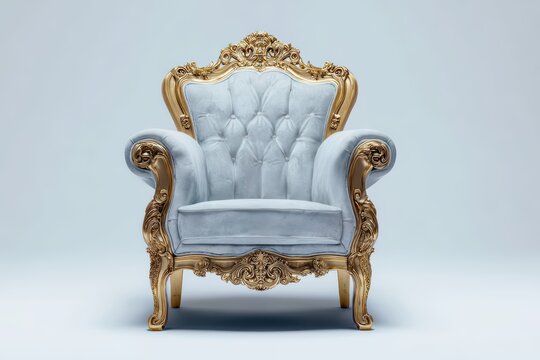 Baroque-style armchair with intricate floral carvings and gold accents, featuring red velvet cushion and curved wooden frame. Luxurious antique furniture with geometric patterns and scrollwork details