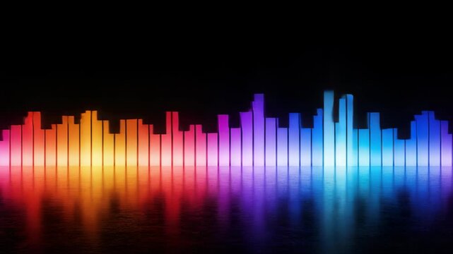 Vibrant equalizer animation reflecting on the dark surface creating a dynamic visual experience
