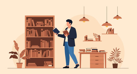 Person Choosing Books From Bookshelf In Cozy Interior Illustration