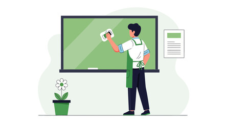 Person Cleaning A Chalkboard With A Sponge In A Classroom Illustration