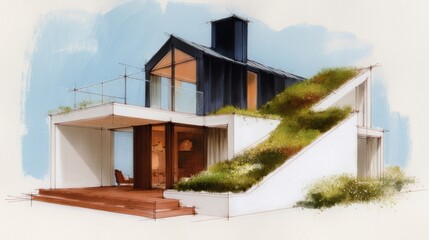 Innovative design of an eco friendly house featuring green roofs and sustainable architecture in a modern urban setting