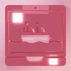 Pink Cruise ship icon isolated on pink background. Travel tourism nautical transport. Voyage passenger ship, cruise liner. Worldwide cruise. Minimalism concept. 3D render illustration